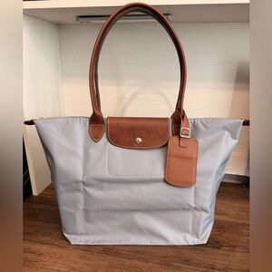 Longchamp Le Pliage Large Steel Gray and Brown Tote Bag with luggage tag